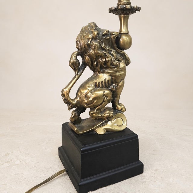 Neoclassical 20th Century Brass-Tone Lion Table Lamp, Neoclassical Black Shade, 28.5 Inch For Sale - Image 3 of 18