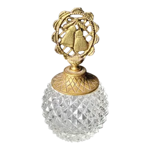 Vintage Ornate Gold Metal and Cut Glass Perfume Bottle With Stopper and Attached Dauber, Made in England