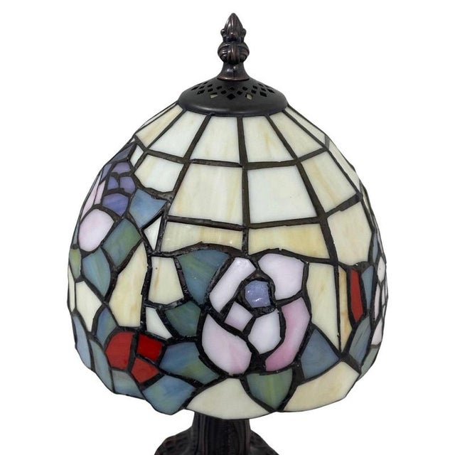 Tiffany Style Table Lamp with Stained Glass Shade and Decorative Base, 1980s For Sale - Image 3 of 6