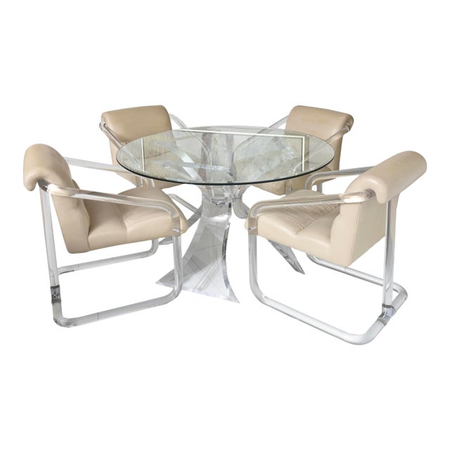Vintage Lion N Frost Signed Lucite Round Dining Table With Four Lucite and Leather Channeled Chairs For Sale