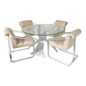 Vintage Lion N Frost Signed Lucite Round Dining Table With Four Lucite and Leather Channeled Chairs