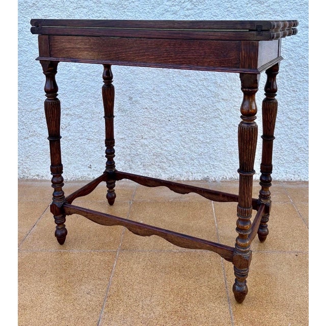 Brown Spanish Carved Oak Games Table with Original Green Felt, 1920s For Sale - Image 8 of 13
