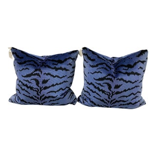 Contemporary Scalamandre Tigre Blue Silk Velvet Pillows- a Pair For Sale