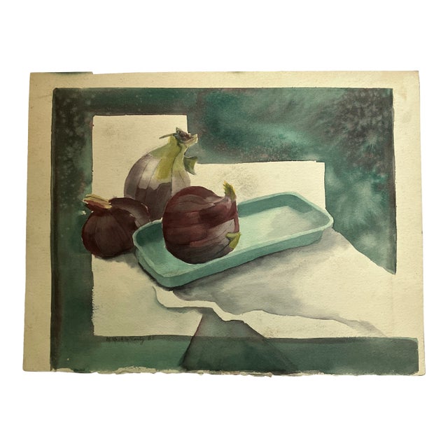 1980’s Original Onions Still Life Watercolor Painting Signed For Sale