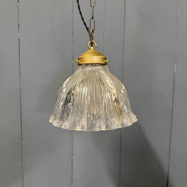 White Pressed Glass Pendant Lamp with Brass Fixture from Holophane, 1930s For Sale - Image 8 of 15