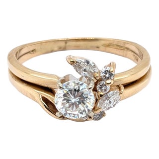 14k Yellow Gold Floral Engagement Ring With Wrap Around Band & Natural Diamonds, Size 7 For Sale