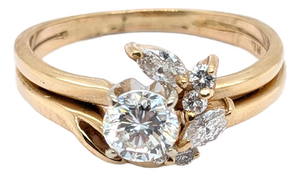 14k Yellow Gold Floral Engagement Ring With Wrap Around Band & Natural Diamonds, Size 7
