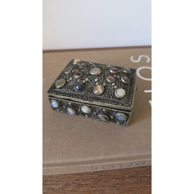 Coffee Antique Folk Art Silverplate Jewelry Box With Agate Cabochons, Vintage Trinket Box, Ornate Filigree Keepsake, Boho Global Decor For Sale - Image 8 of 10