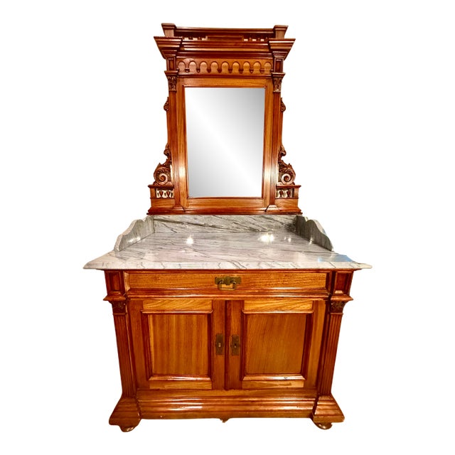 Late 19th Century Victorian Antique Vanity**Marble Top, Carved Walnut, Beveled Mirror** For Sale
