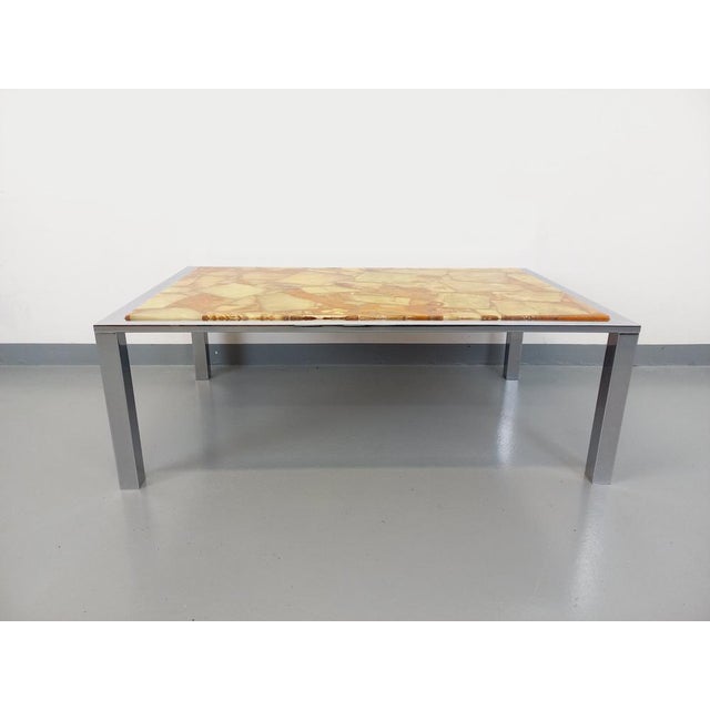 Large Vintage Coffee Table in Chrome Metal, Yellow Onyx Type and Resin, 1970s For Sale - Image 9 of 15