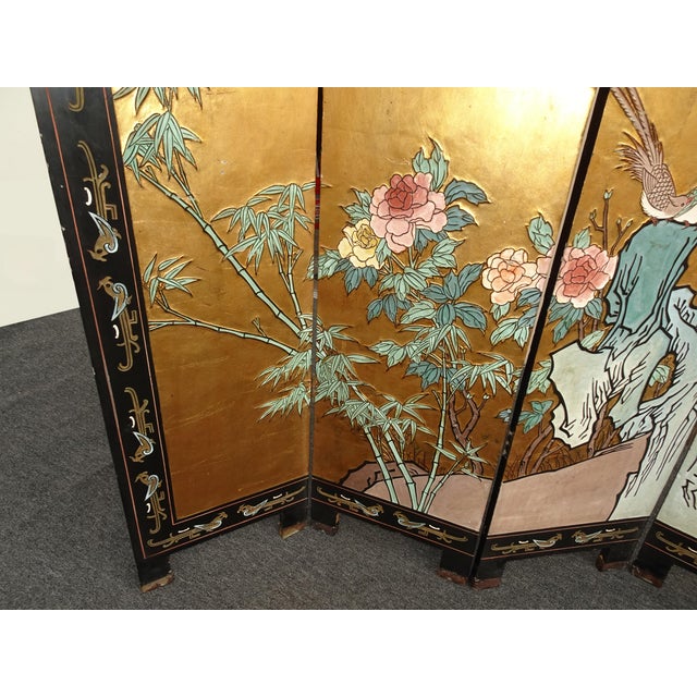 Vintage Oriental Asian Gold Four Panel Screen Room Divider Coromandel W Birds For Sale In Los Angeles - Image 6 of 12