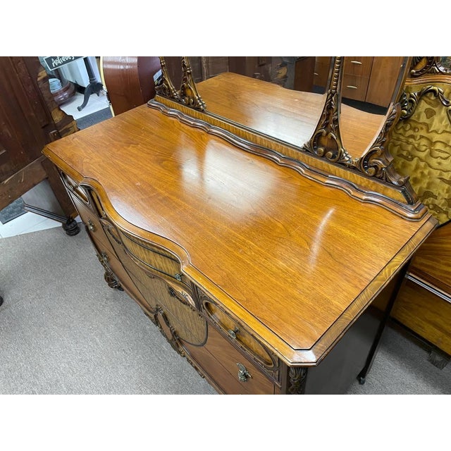 French Antique 1930's Bedroom Mirrored Dresser, Hand Carved Walnut, Burl Inlay, Beveled Glass, 5 Drawers For Sale - Image 3 of 15