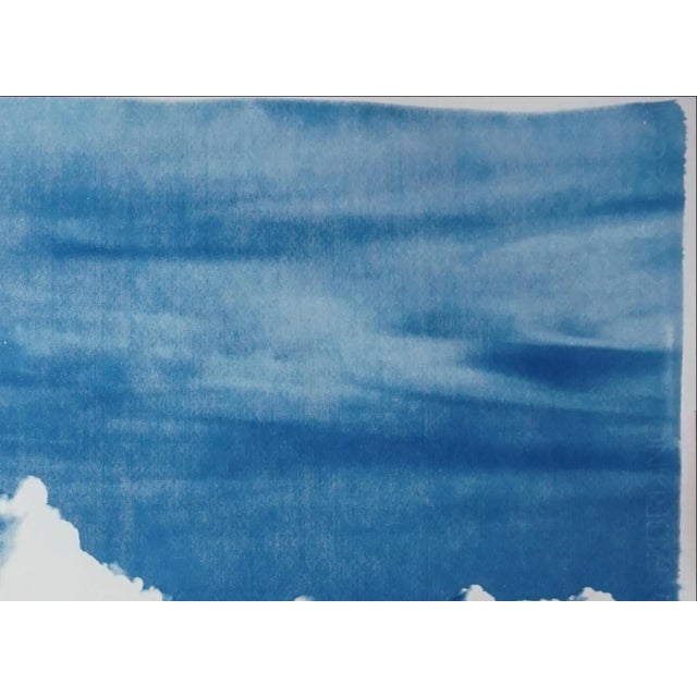 Sky Blue Blustery Clouds After a Storm, Sky Blue Handprinted Cyanotype on Watercolor Paper, Meaningful Scene 28x40 Inch. Limited Edition For Sale - Image 8 of 13