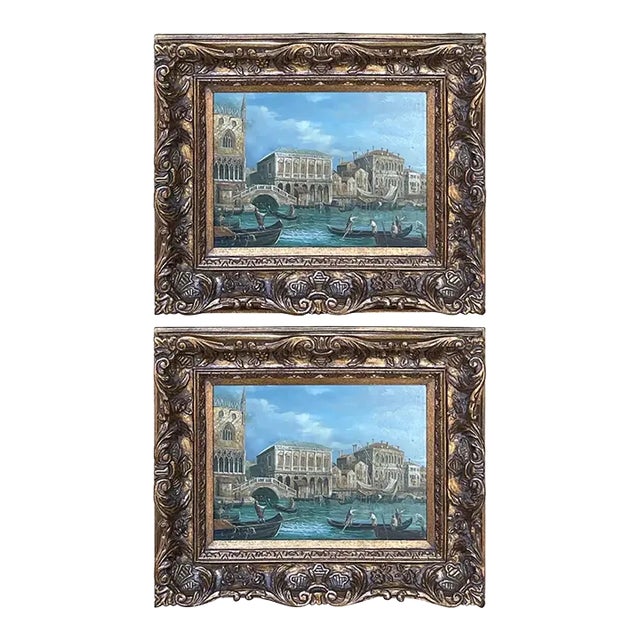 20th Century Decorative Venetian Canal Paintings- a Pair For Sale