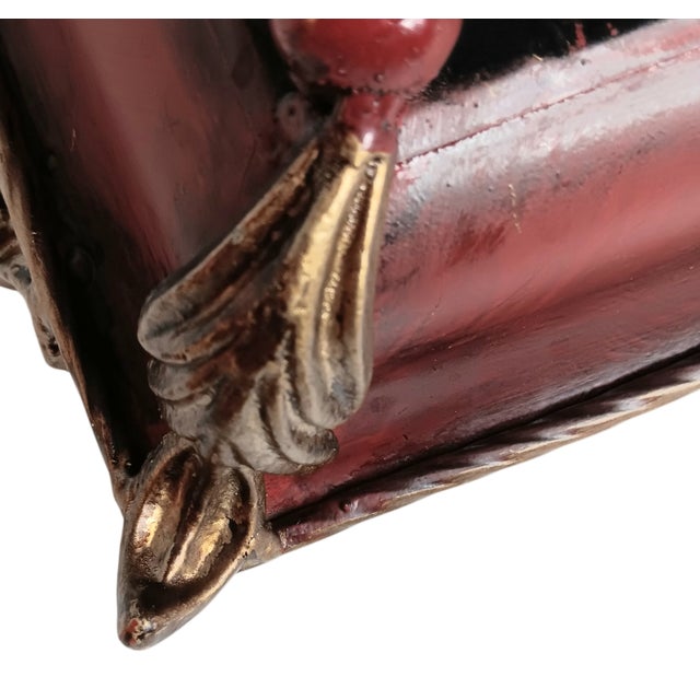 Red Large Metal Serving Tray Cranberry Red and Gold Leaf Vine Design Ornate Handles For Sale - Image 8 of 18