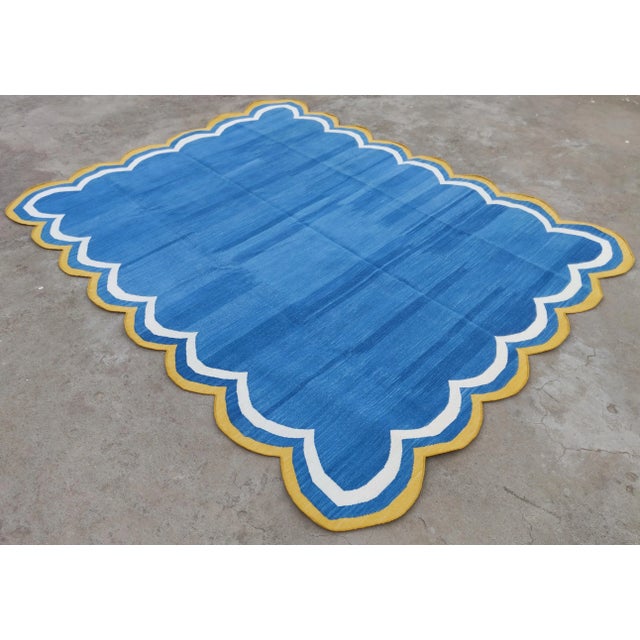 Handmade Cotton Area Rug Natural Vegetable Dyed Blue Scalloped Rug Yellow Border - 12'x15' For Sale - Image 6 of 11