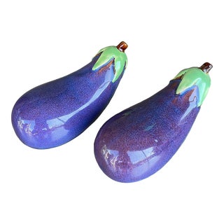 Vintage Boho Glazed Ceramic Eggplants - a Pair For Sale