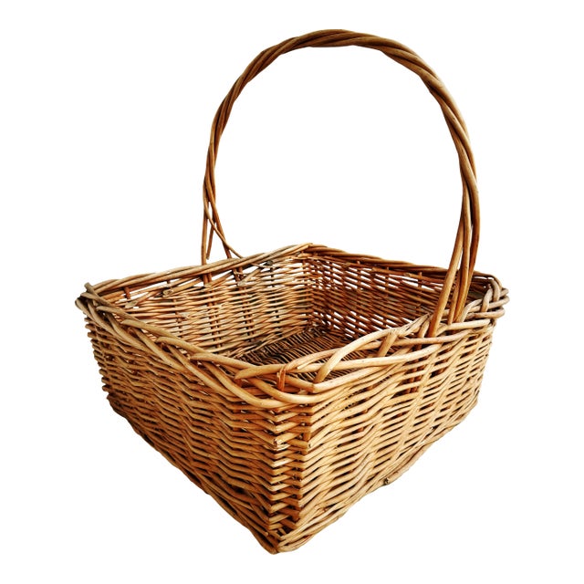Large Vintage Handwoven Willow Gathering Basket For Sale