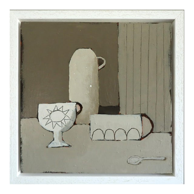 2025 Contemporary 'Sunny Cup' Minimalist Naive Style Still Life Acrylic Painting by British Artist Annemarie Derrick, Framed For Sale