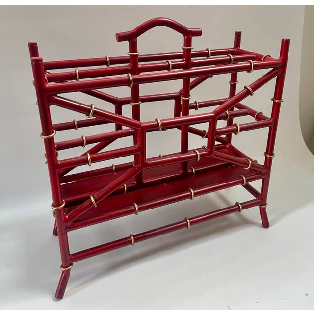 Hollywood Regency Palm Beach Tony Duquette Style Red Coral Faux Bamboo Magazine Rack Stand For Sale - Image 3 of 7