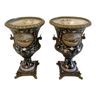 Antique French Porcelain and Brass Mounted Jardinière Urns, 1880, Set of 2 For Sale