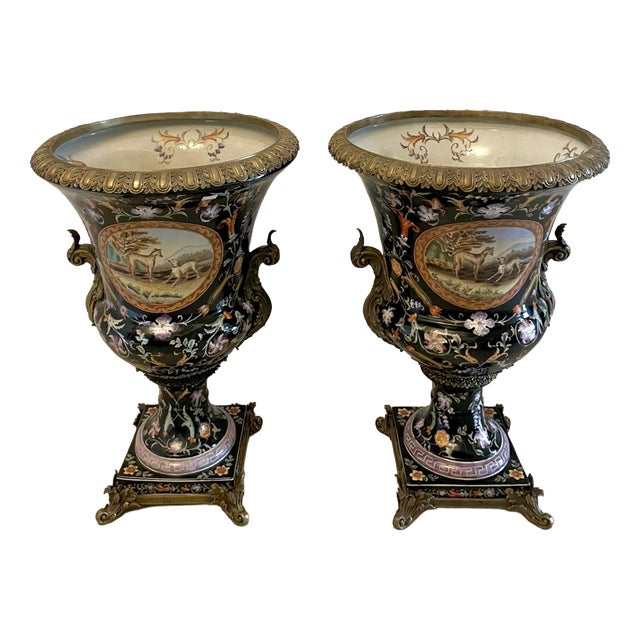 Antique French Porcelain and Brass Mounted Jardinière Urns, 1880, Set of 2 For Sale