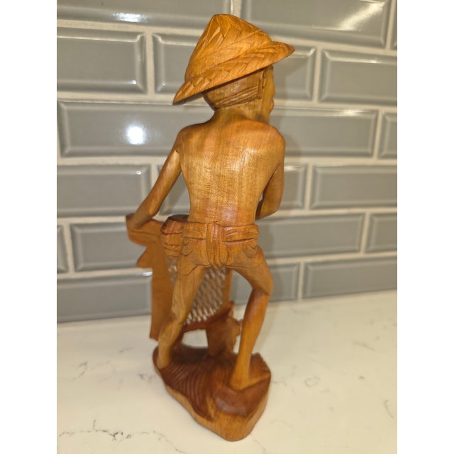 Mid-Century Balinese Art Deco Seated Fisherman With Cast Net Sculpture For Sale - Image 4 of 12