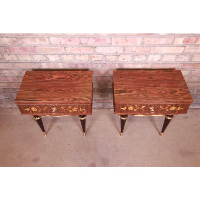 Wood French Art Deco Macassar Ebony Inlaid Marquetry Nightstands, Circa 1950s For Sale - Image 7 of 13