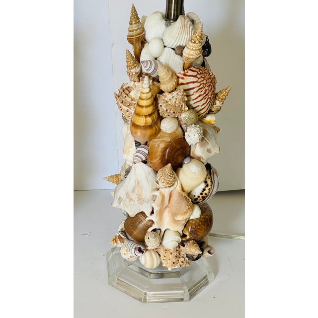 Gorgeous Sea Shell Encrusted Pair Lamps on Lucite Stands For Sale - Image 4 of 7