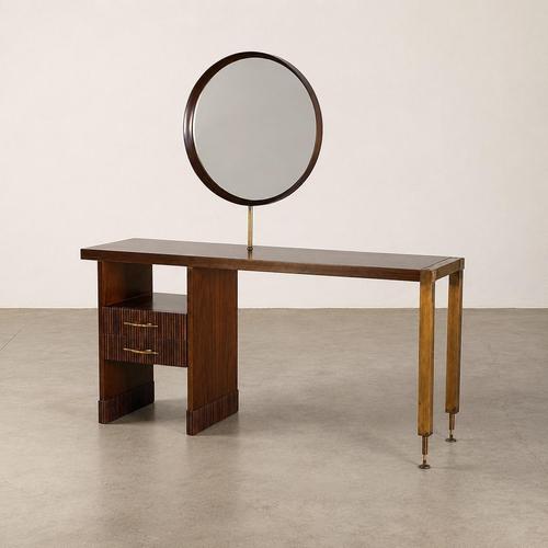 An exceptionally elegant Italian vanity console from the 1950s, masterfully crafted in richly grained dark walnut and...