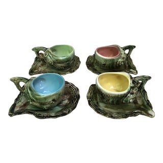 C. 1950 Majolica Shell Cups & Saucers- 8 Pieces For Sale