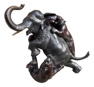 Meiji Okimono Bronze Sculpture of an Elephant Attacked by Tigers, Japan, 1890s