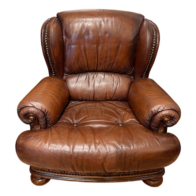 Vintage English Leather Wingback Chair, 1980s For Sale