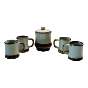 1980 Earthenware Espresso 4 Cup Set With Lidded Sugar Bowl- 5 Pieces