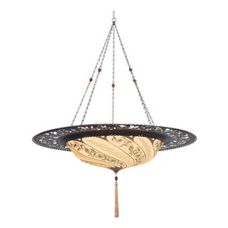 Art Nouveau Fortuny Scudo Saraceno Venetian Bronze Silk Lamp Chandelier For Sale