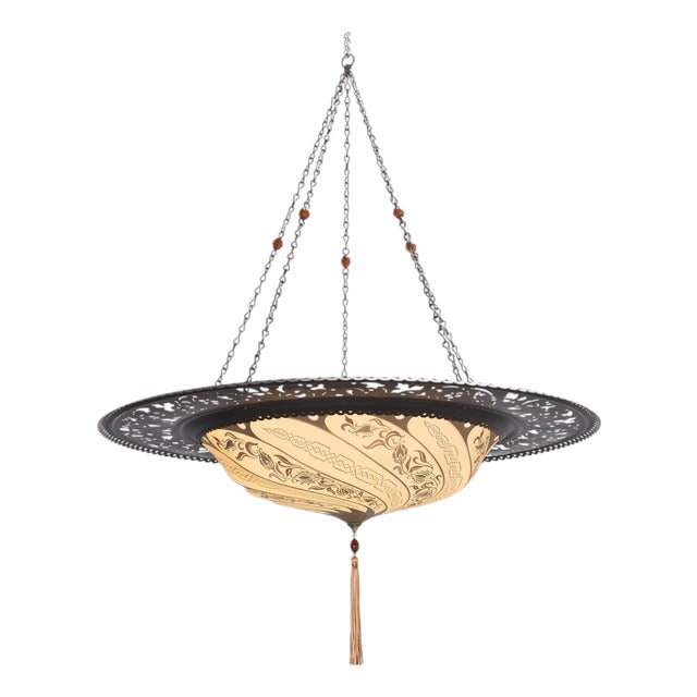 Art Nouveau Fortuny Scudo Saraceno Venetian Bronze Silk Lamp Chandelier For Sale