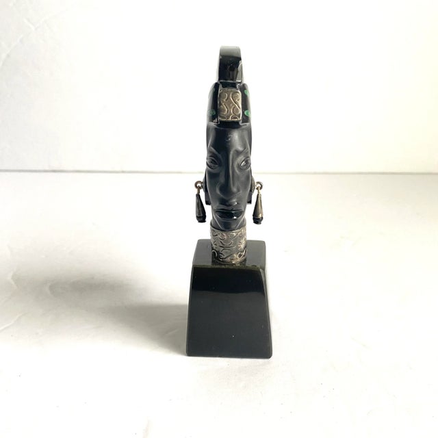 Taxco Mexico Onyx Warrior Statue Vintage Figurine Inlaid Mosaic Malachite Sterling Silver Accents 5.5” Tall For Sale - Image 9 of 10