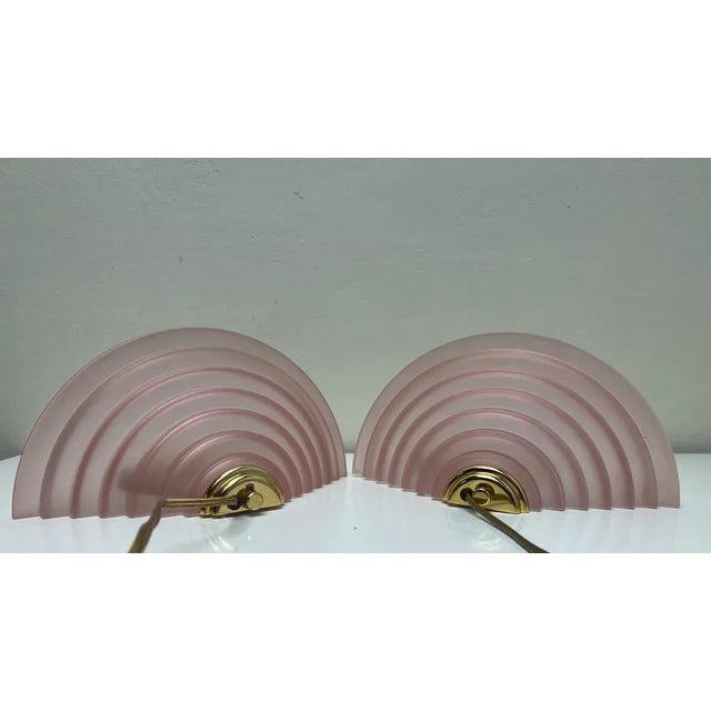 Beige Stepped Glass Salmon Pink and Brass Glass Wall Lamps, 1980s, Set of 2 For Sale - Image 8 of 12