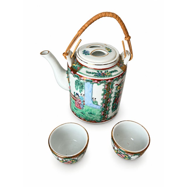 White Mid 20th Century Chinese Rose Medallion Porcelain Teapot With Wrapped Cane Handle & Two Cups — 3-Piece Set For Sale - Image 8 of 11