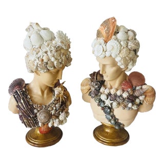 Pair of Sea Shells Coastal Boho 18” SeaShell Nautical Encrusted Busts Sculptures For Sale
