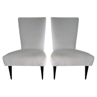 Set of Italian Black Lacquered and White Velvet Armchairs, 1940s For Sale