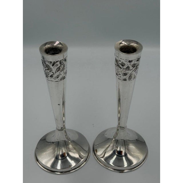 Neoclassical Art Nouveau Sterling Silver Candlesticks With Floral Relief Decoration - a Pair For Sale - Image 3 of 6