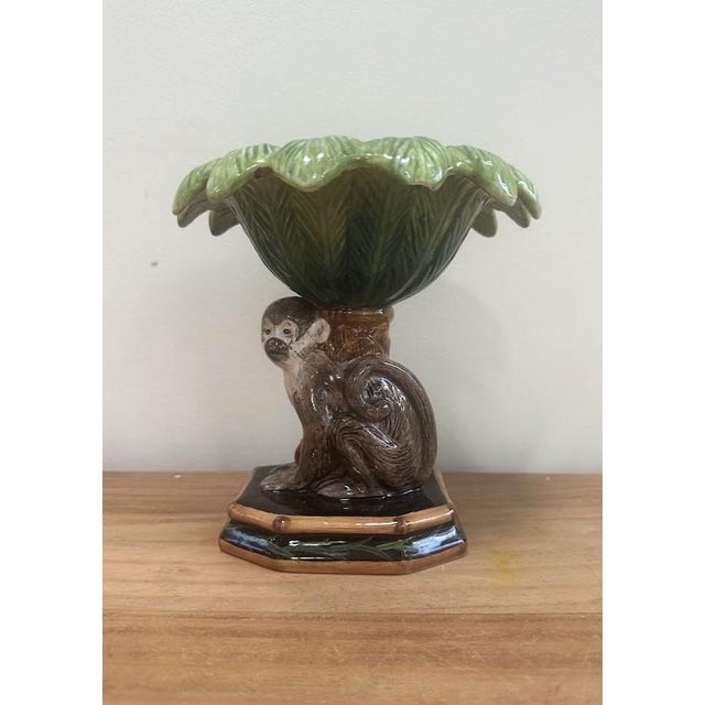 Chinoiserie Vintage Majolica Style Ceramic Monkey Pedestal Bowl For Sale - Image 3 of 6