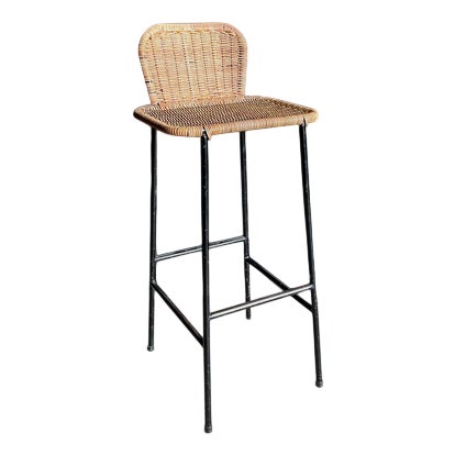 Vintage High Stool with Wicker Backrest and Seat, 1960s For Sale