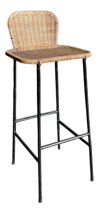 Vintage High Stool with Wicker Backrest and Seat, 1960s