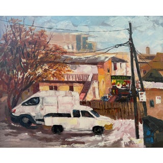 White Vans and Russet Leaves, Knife Painting, Oil on Canvas, Godfrey Afebuame (2026) For Sale