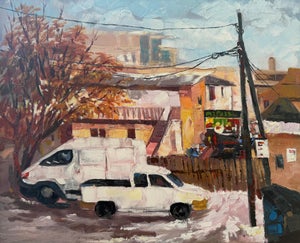 White Vans and Russet Leaves, Knife Painting, Oil on Canvas, Godfrey Afebuame (2026)