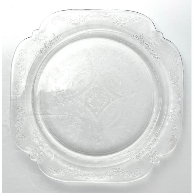 American 1930s Federal Glass “Madrid, Clear” 7 Etched Glass Dinner Plates For Sale - Image 3 of 5