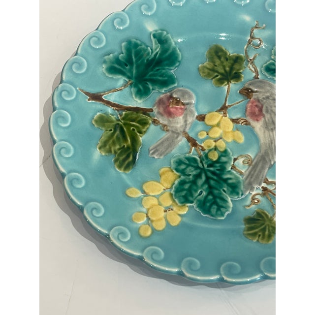 Turquoise Pair French Antique Majolica Bird & Grape Pates by Sarreguemines, C1880 For Sale - Image 8 of 15
