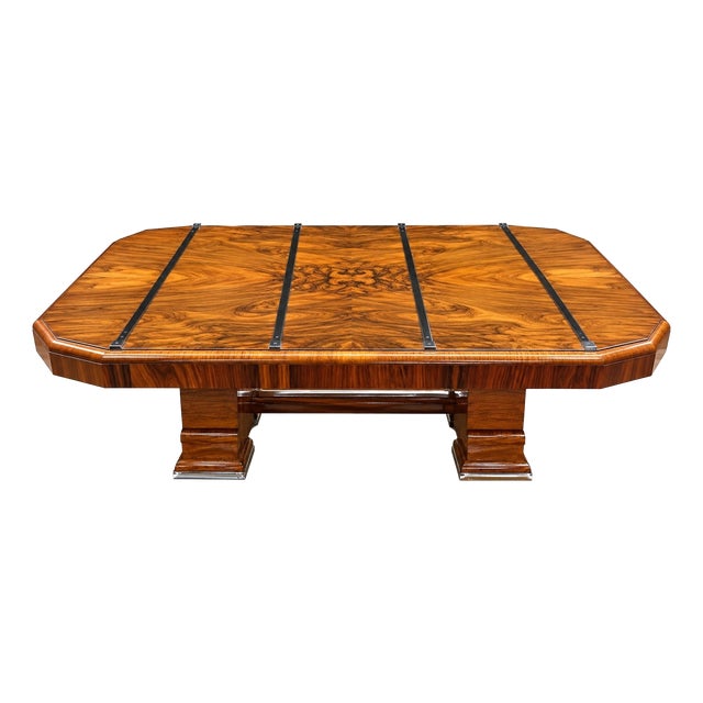 Art Deco Extendable Table Walnut Burl Veneer and Chrome-Plated Metal, 1930s For Sale